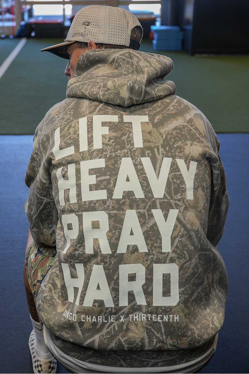 Lift Heavy. Pray Hard. - Premium Deadwood Camo Hoodie MENS UNISEX
