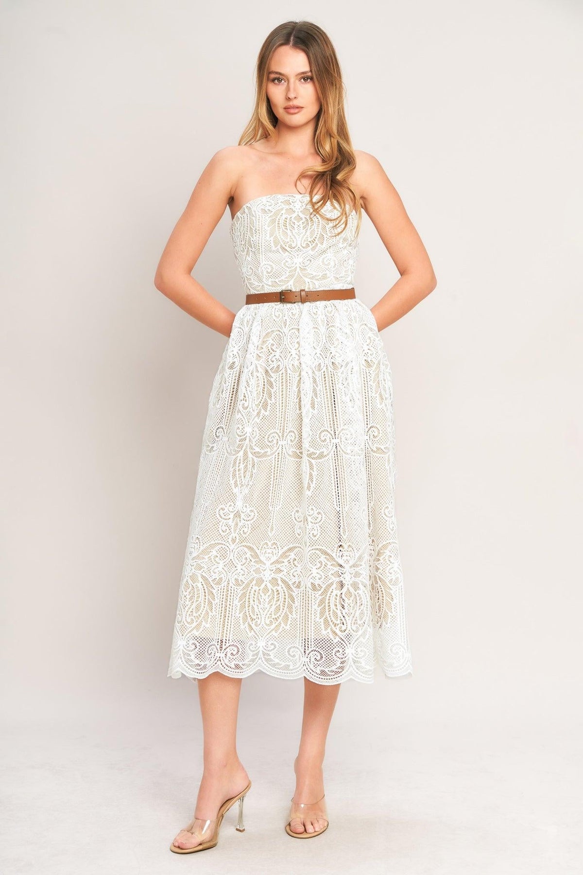 ELEGANT GARDEN WOVEN LACE MIDI DRESS