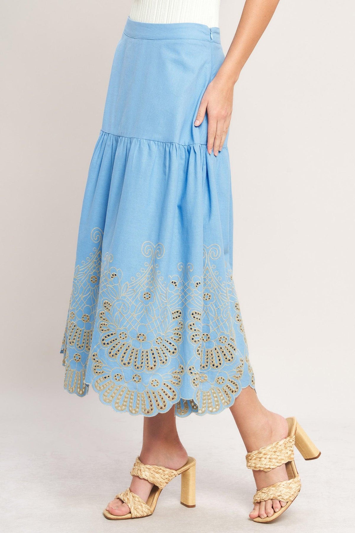 SKY BLOOM WOVEN EYELET MIDI SKIRT