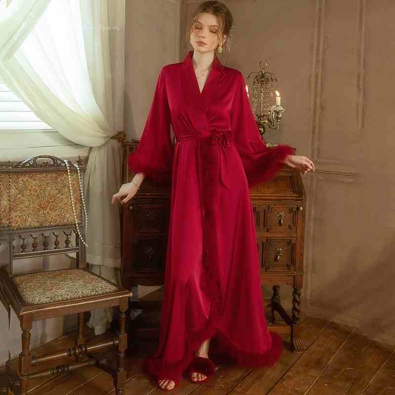 Elegant Satin Feather-Trimmed Robe & Nightdress Set - Luxury Bridal & Lounge Wear