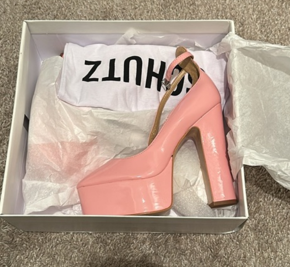 Schutz Renee Pink Faux Leather Square Toe Buckle Ankle Strap Block Heels 8.5
