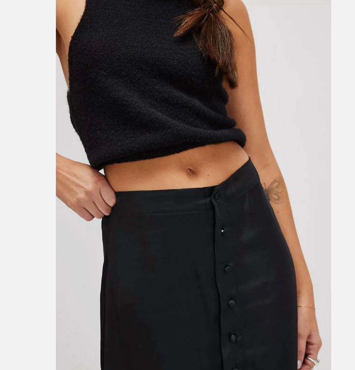 FFREE PEOPLE Analise Button Front Satin Midi Skirt In Black, Size 8