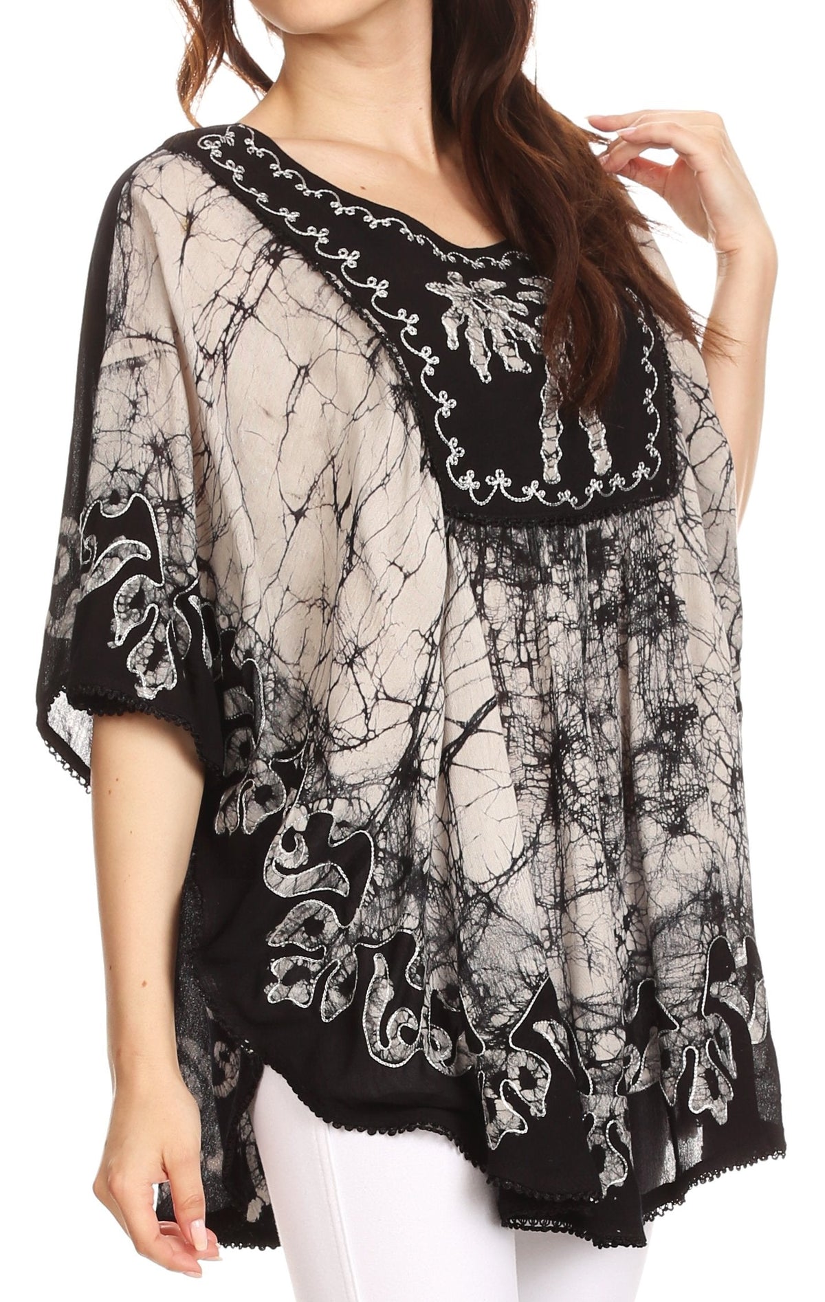 SakkasTwo Tone Batik Embroidered Palm Tree Peasant Top / Poncho