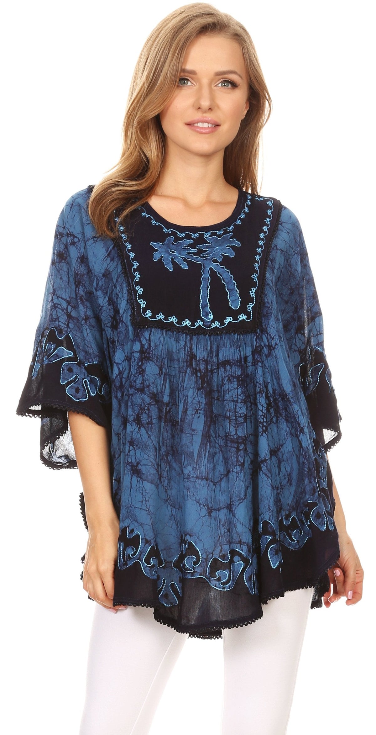 SakkasTwo Tone Batik Embroidered Palm Tree Peasant Top / Poncho