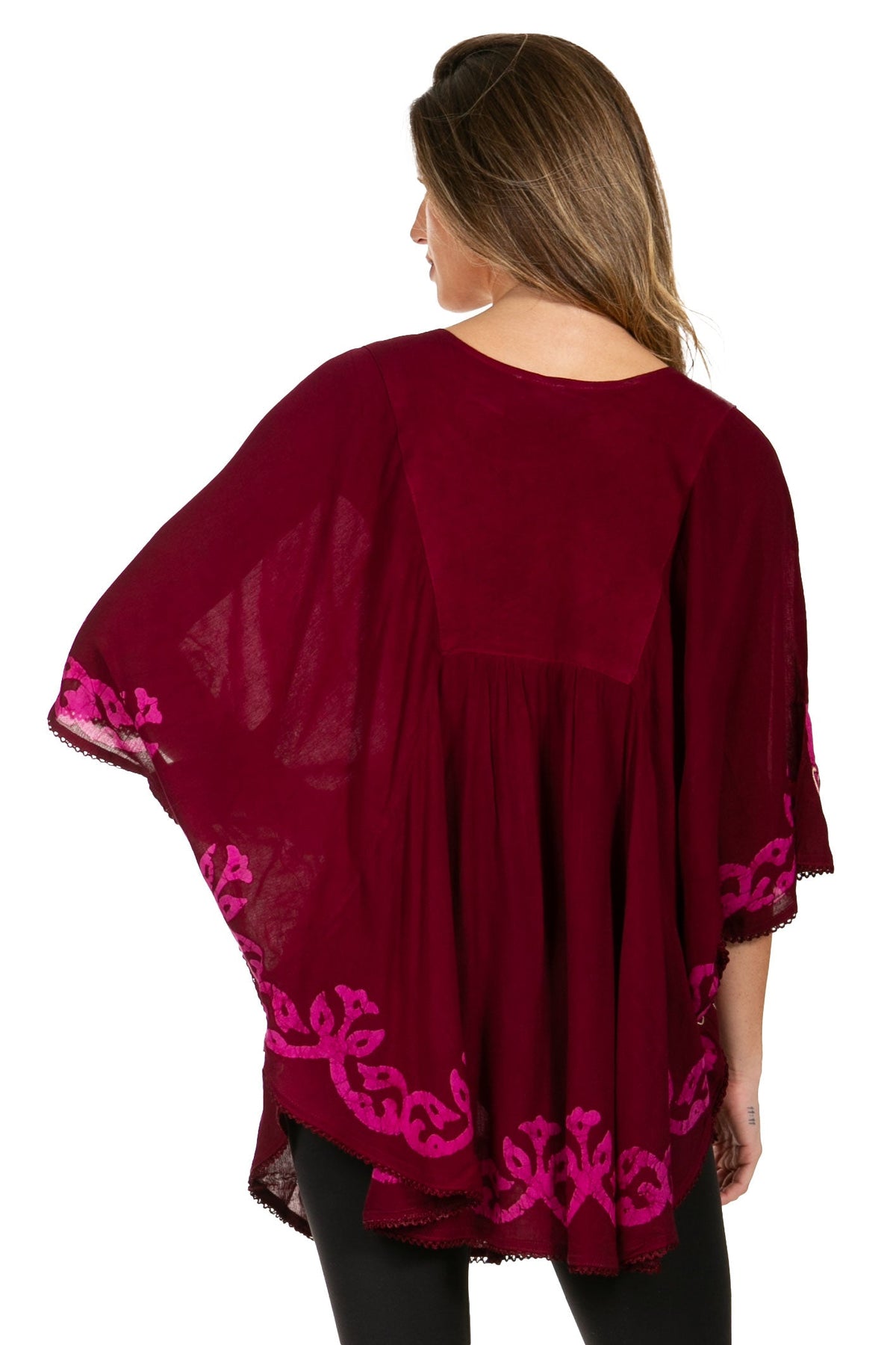 SakkasTwo Tone Batik Embroidered Palm Tree Peasant Top / Poncho