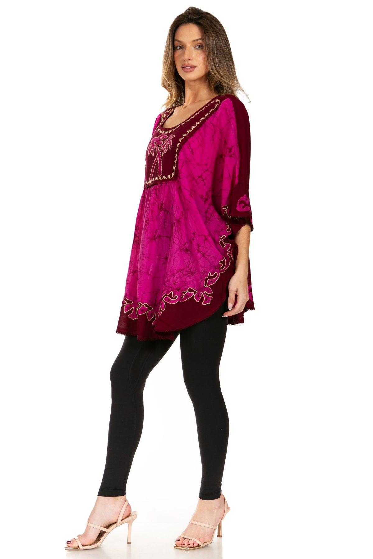 SakkasTwo Tone Batik Embroidered Palm Tree Peasant Top / Poncho