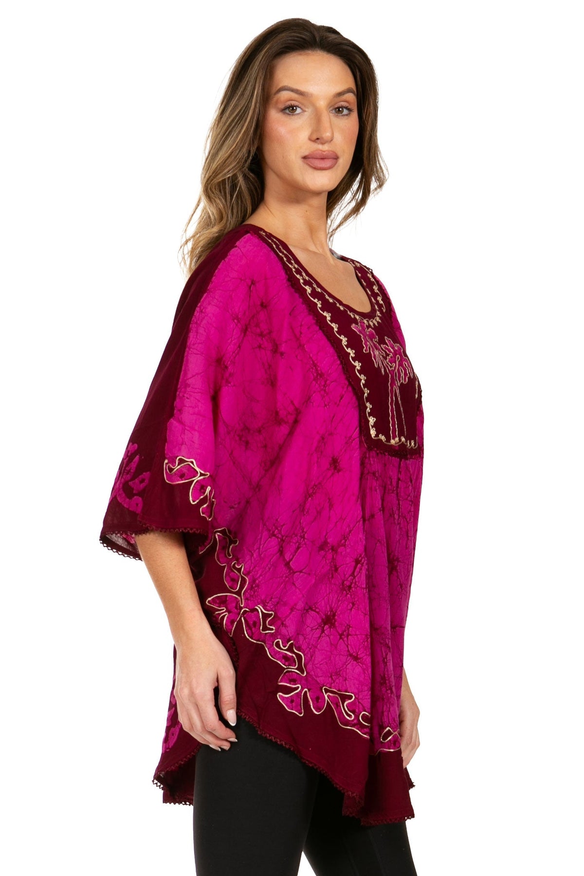 SakkasTwo Tone Batik Embroidered Palm Tree Peasant Top / Poncho