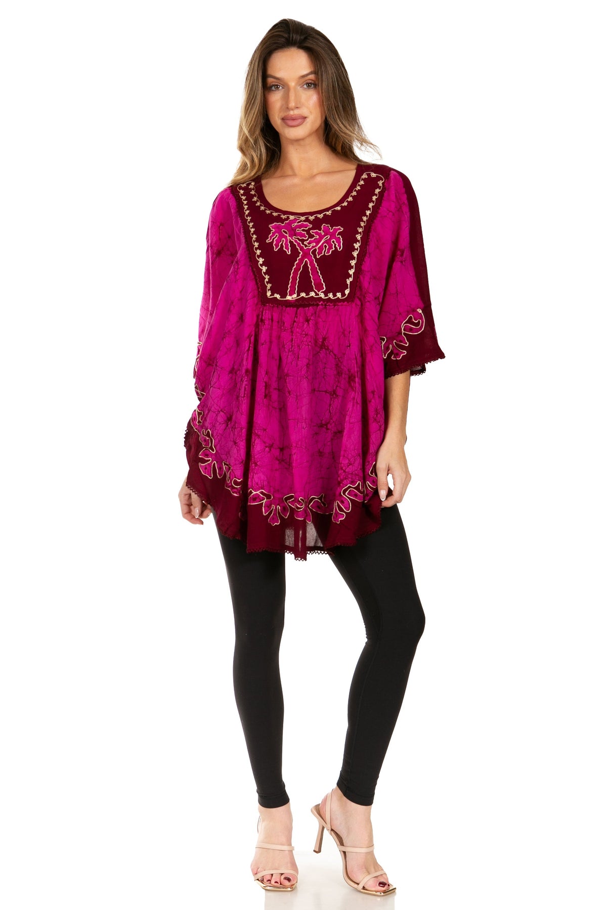 SakkasTwo Tone Batik Embroidered Palm Tree Peasant Top / Poncho