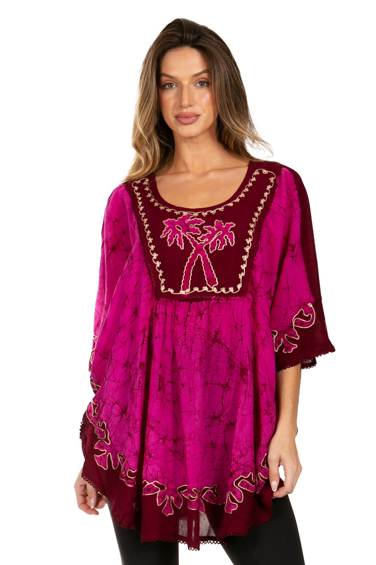 SakkasTwo Tone Batik Embroidered Palm Tree Peasant Top / Poncho