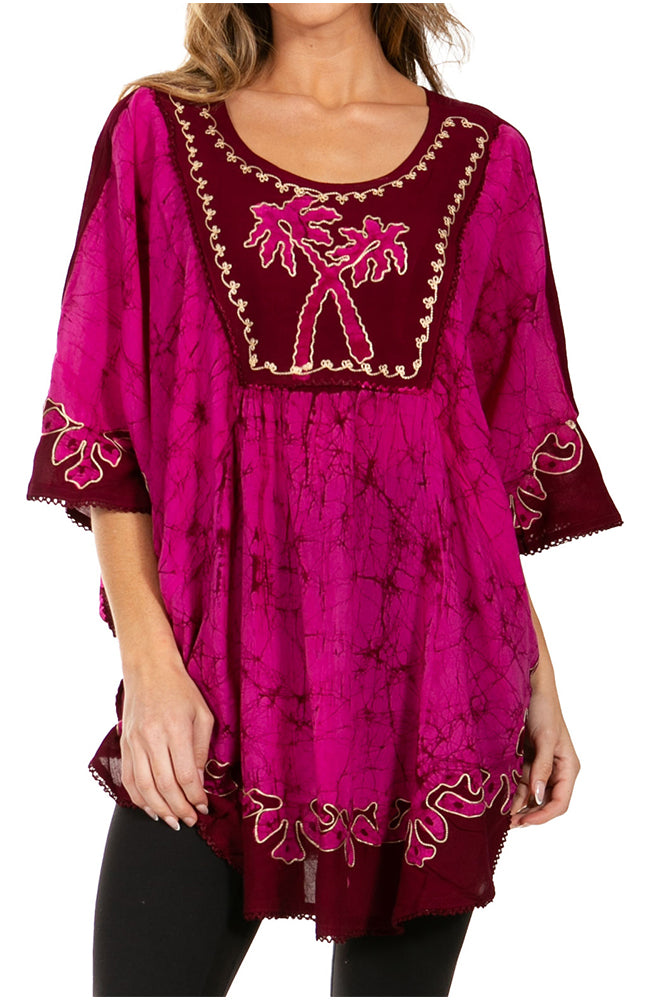 SakkasTwo Tone Batik Embroidered Palm Tree Peasant Top / Poncho