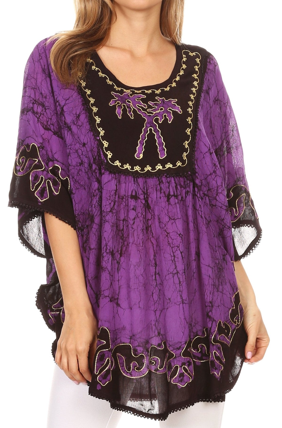 SakkasTwo Tone Batik Embroidered Palm Tree Peasant Top / Poncho