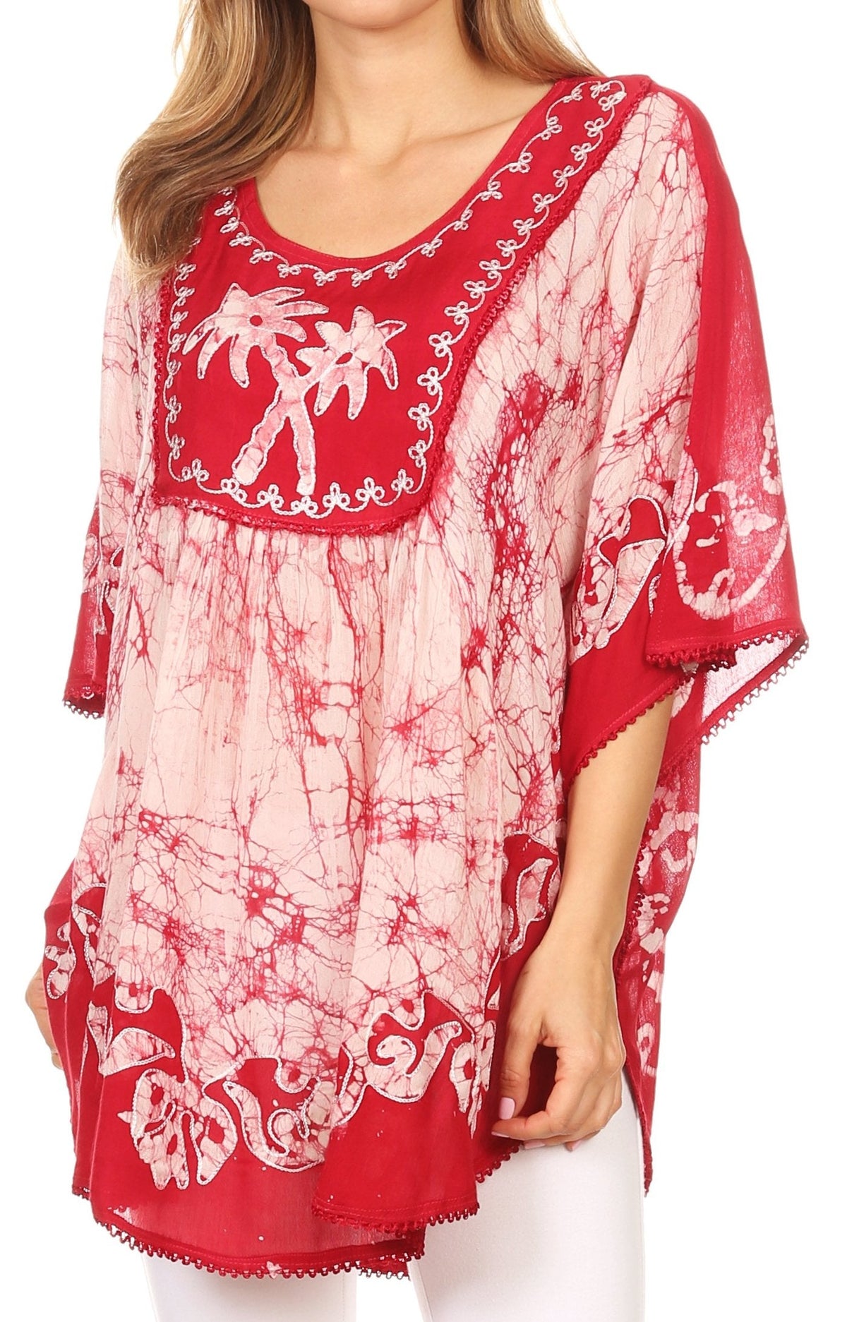 SakkasTwo Tone Batik Embroidered Palm Tree Peasant Top / Poncho