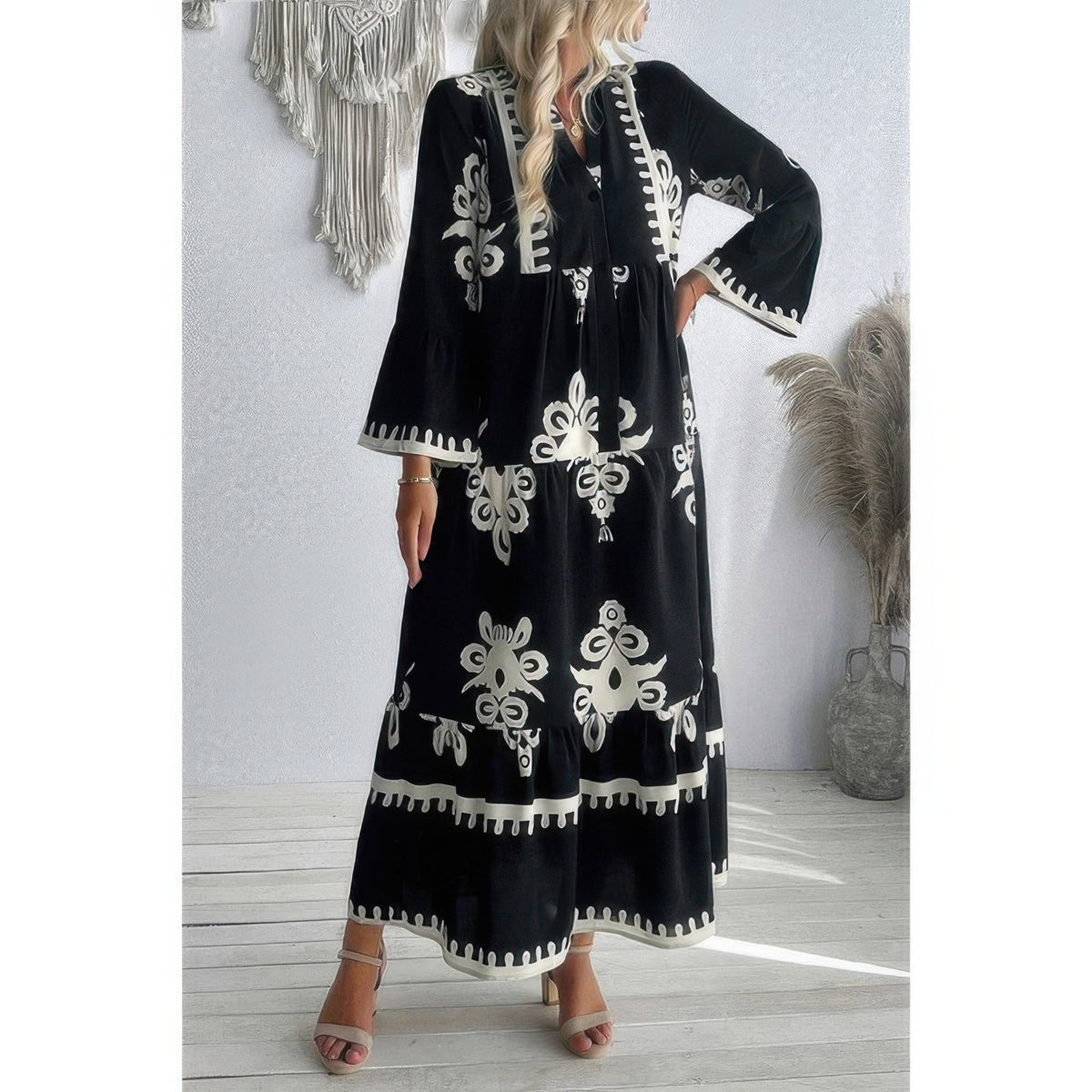 V Neck Stand Collar Button Floral Splicing Dress
