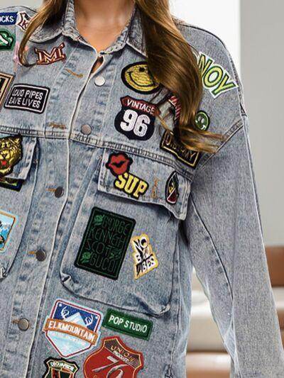 Patched Button Up Long Sleeve Denim Jacket-multiple colors