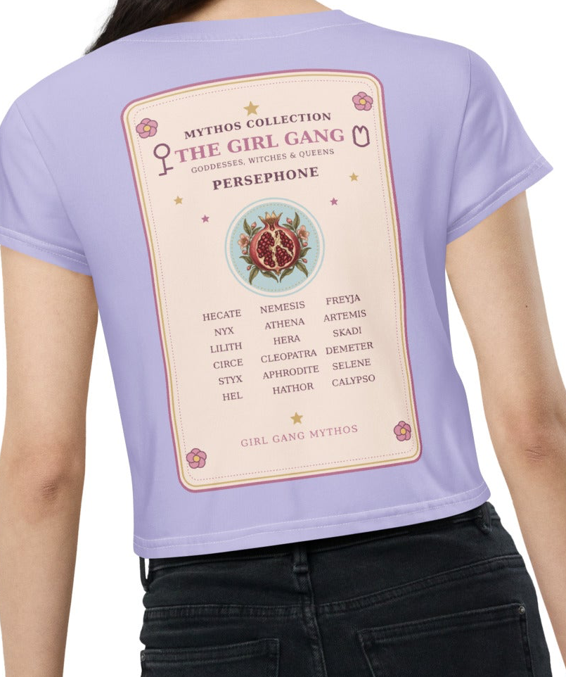 The Goddess in You Girl Gang Short Sleeve Cropped Tee featuring a list of Iconic Goddesses/ Deities on the back