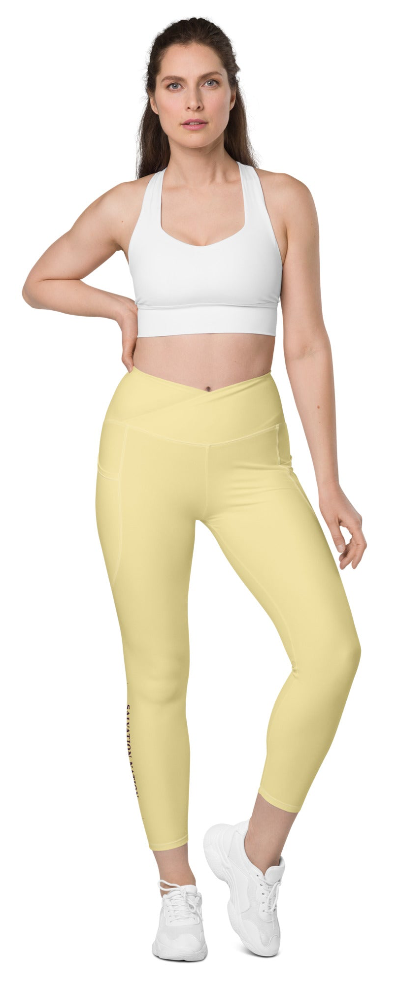 Crossover waist leggings with pockets Salvation Nation Exclusive in Butter Yellow and Plum