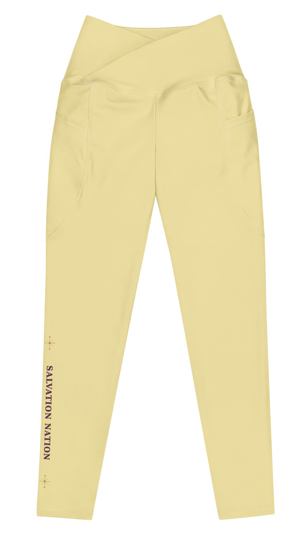 Crossover waist leggings with pockets Salvation Nation Exclusive in Butter Yellow and Plum