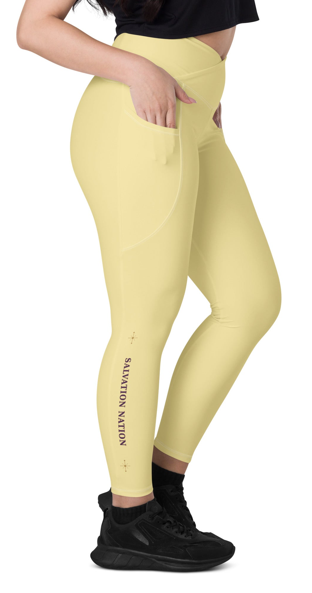 Crossover waist leggings with pockets Salvation Nation Exclusive in Butter Yellow and Plum