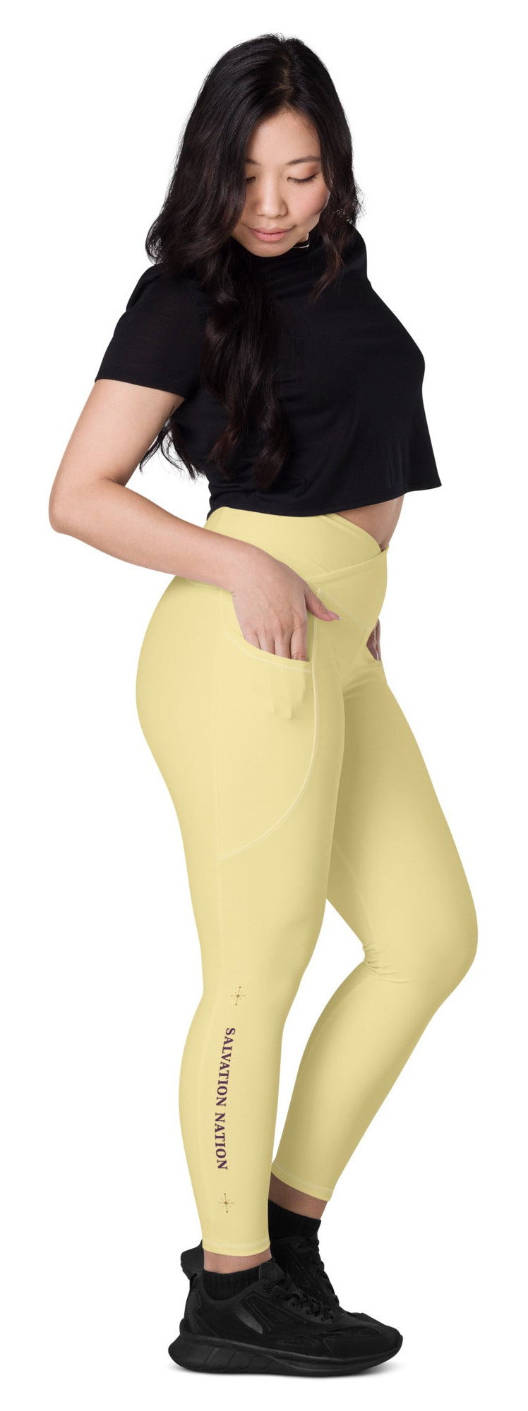 Crossover waist leggings with pockets Salvation Nation Exclusive in Butter Yellow and Plum