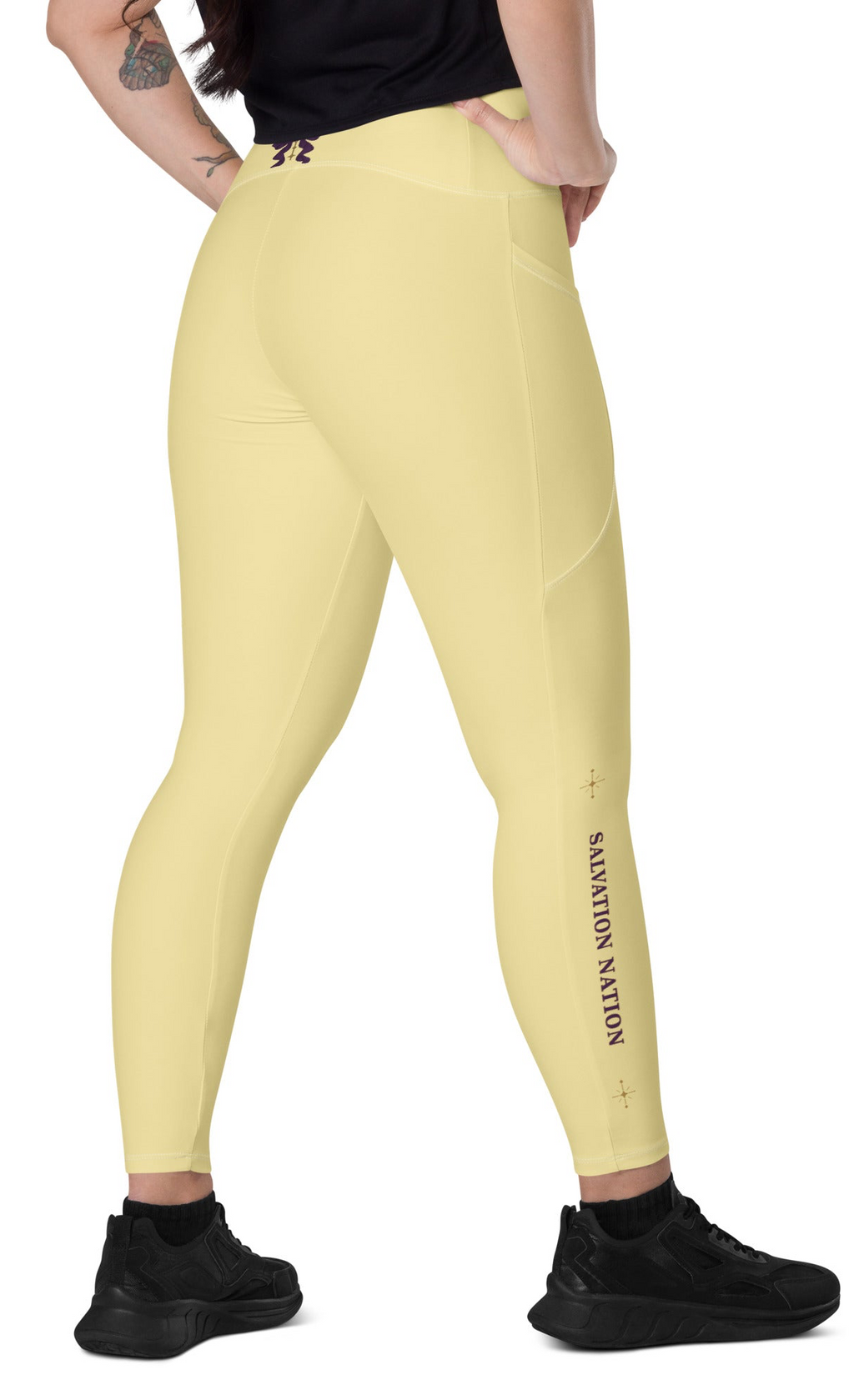 Crossover waist leggings with pockets Salvation Nation Exclusive in Butter Yellow and Plum