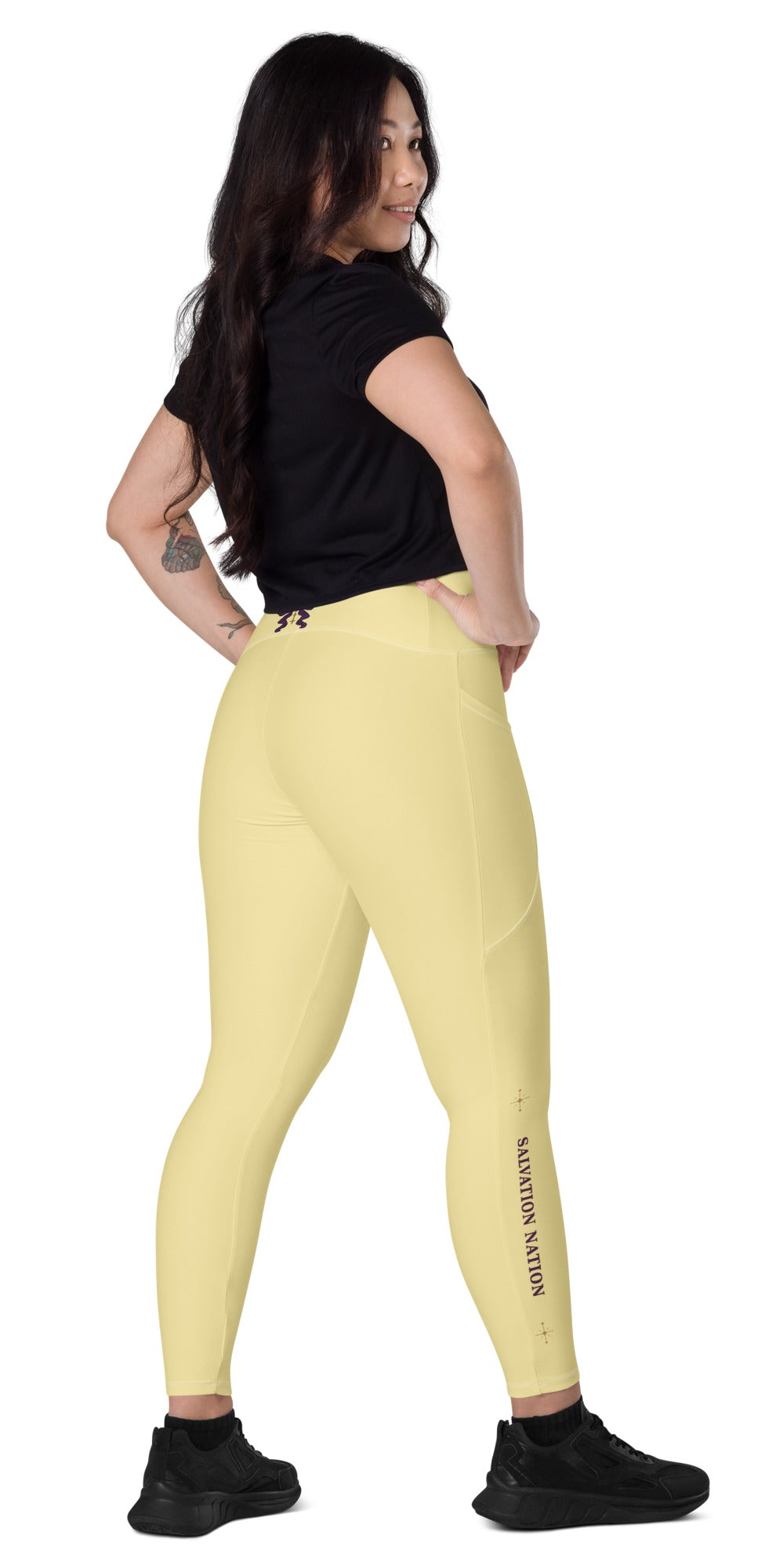 Crossover waist leggings with pockets Salvation Nation Exclusive in Butter Yellow and Plum