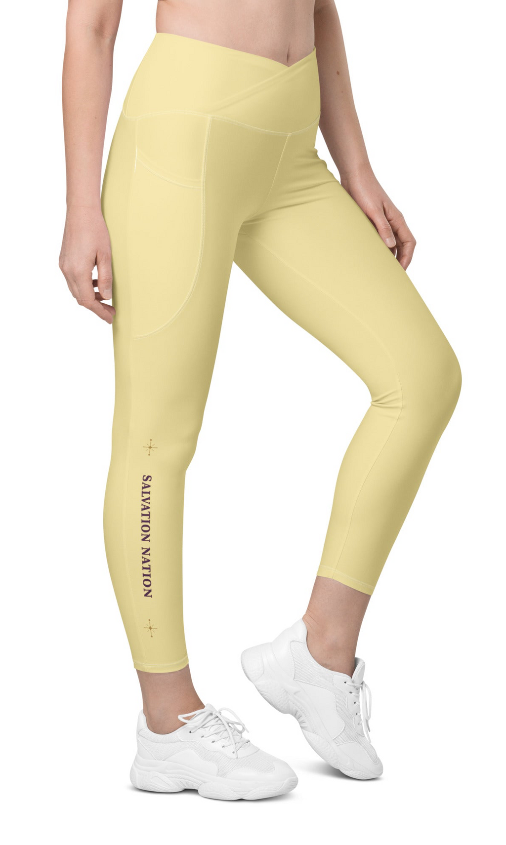 Crossover waist leggings with pockets Salvation Nation Exclusive in Butter Yellow and Plum