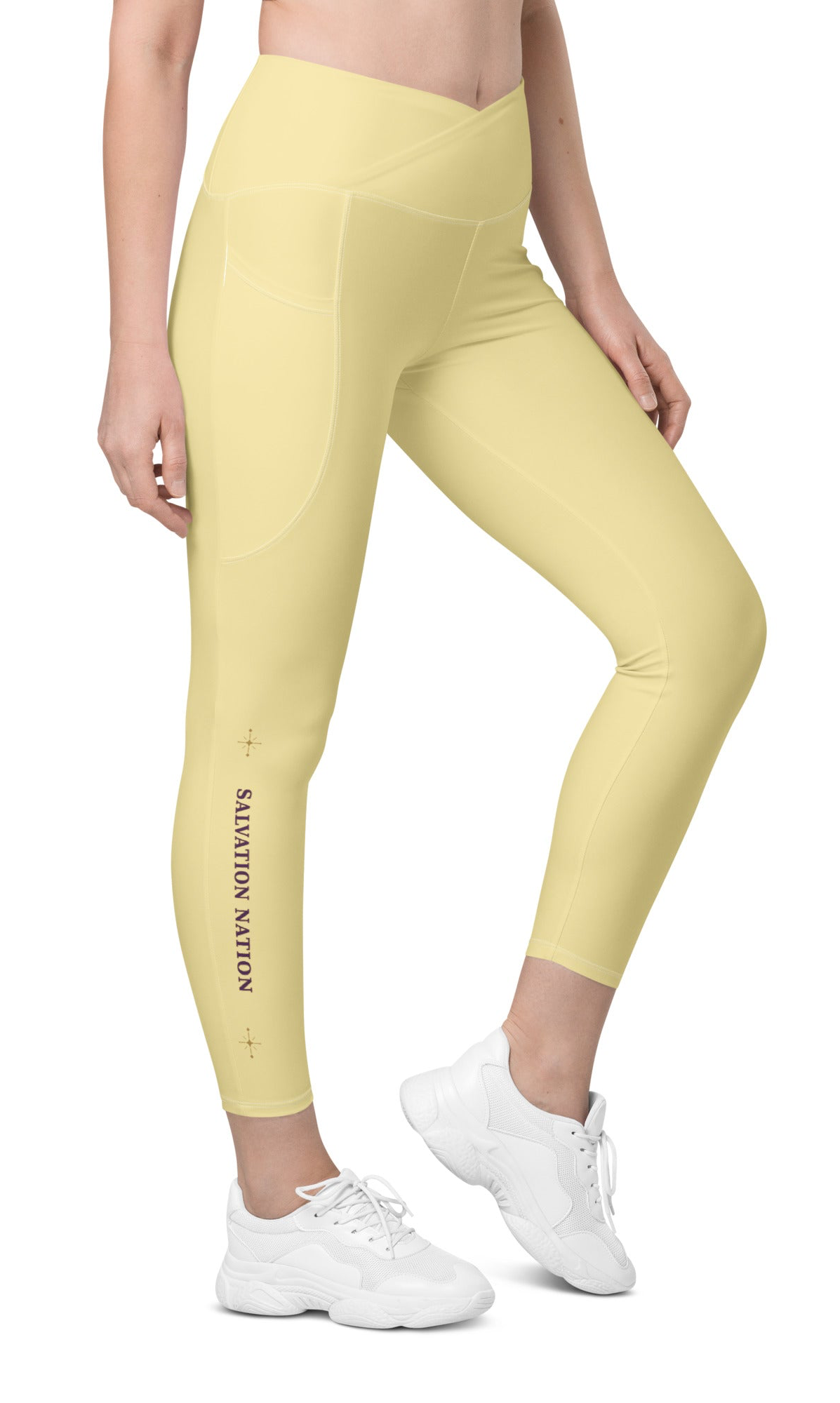 Crossover waist leggings with pockets Salvation Nation Exclusive in Butter Yellow and Plum