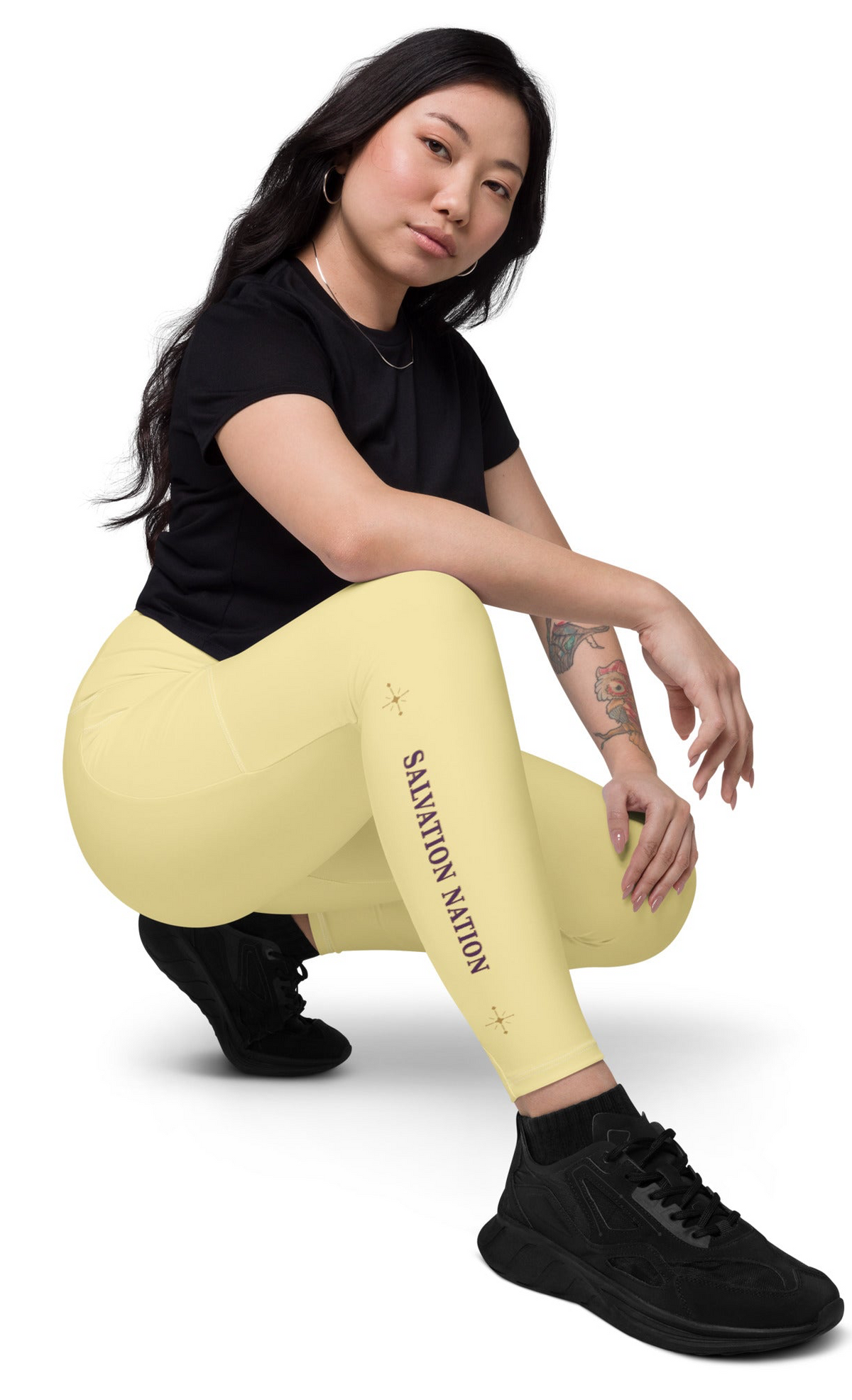 Crossover waist leggings with pockets Salvation Nation Exclusive in Butter Yellow and Plum
