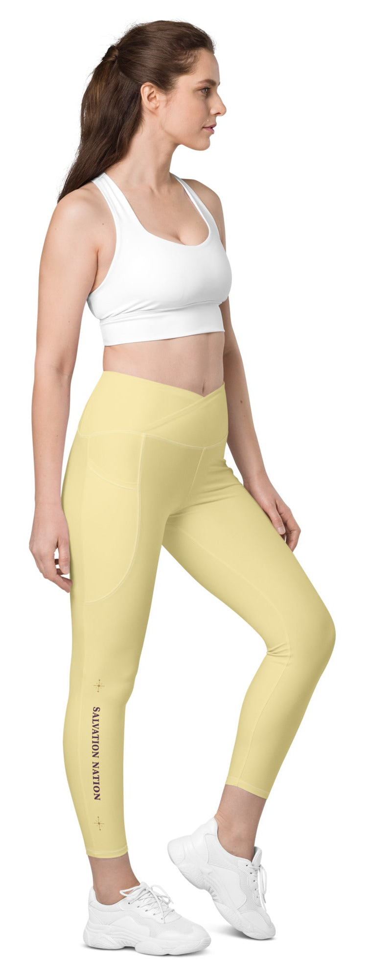 Crossover waist leggings with pockets Salvation Nation Exclusive in Butter Yellow and Plum