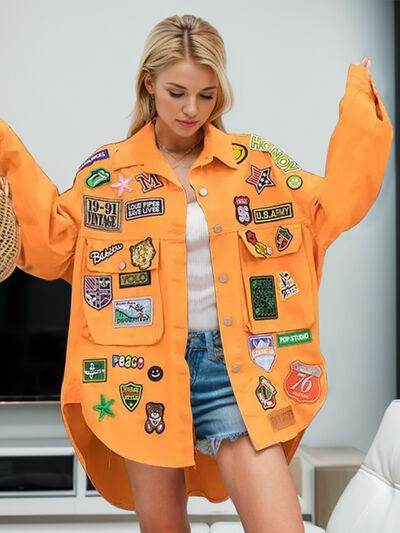 Patched Button Up Long Sleeve Denim Jacket-multiple colors