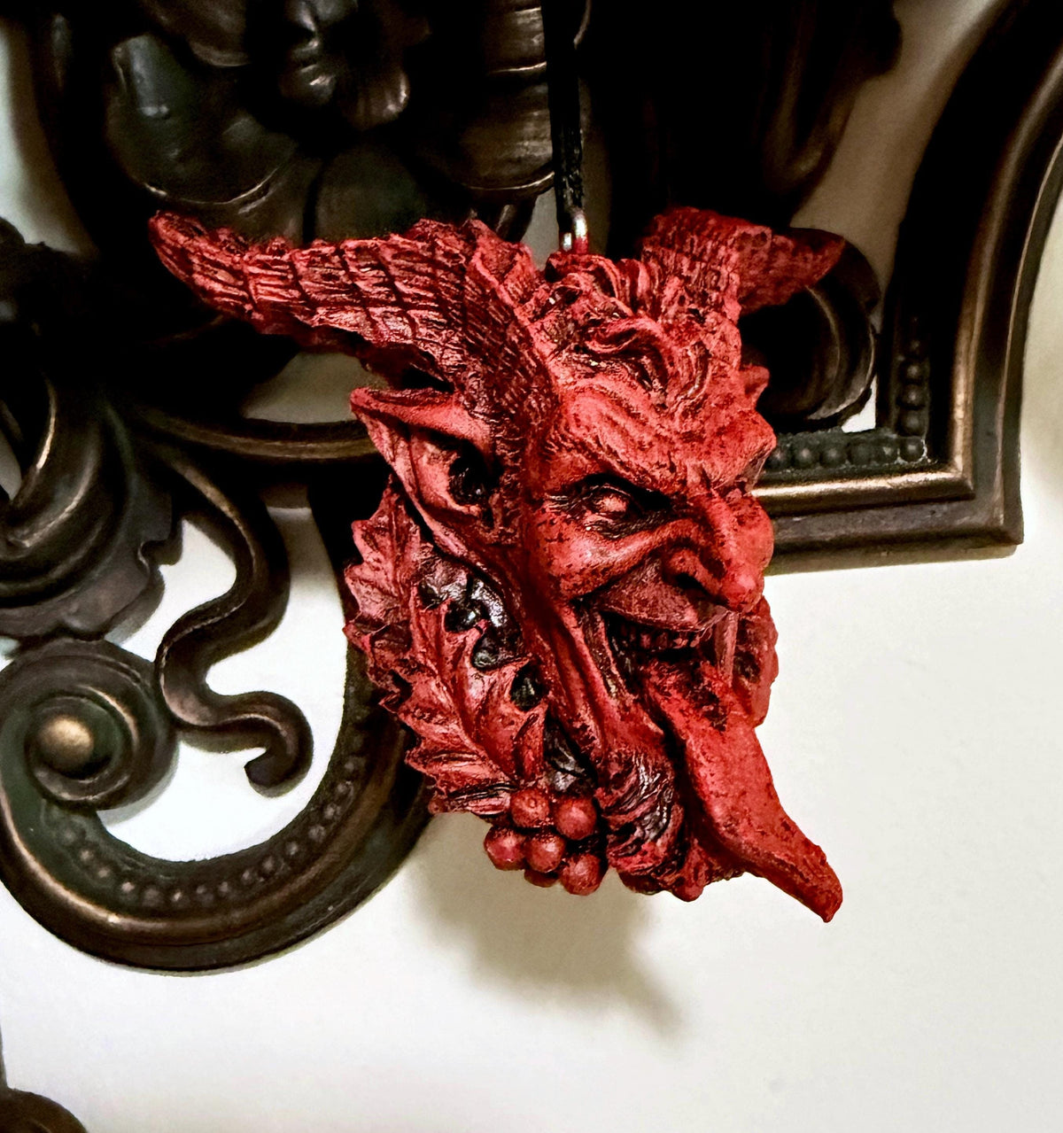 Krampus Head Ornament, Hand Painted Resin Sculpture | Mythical Creature Figurine | Unique Dark Christmas Demon for Gothic Holiday Decor
