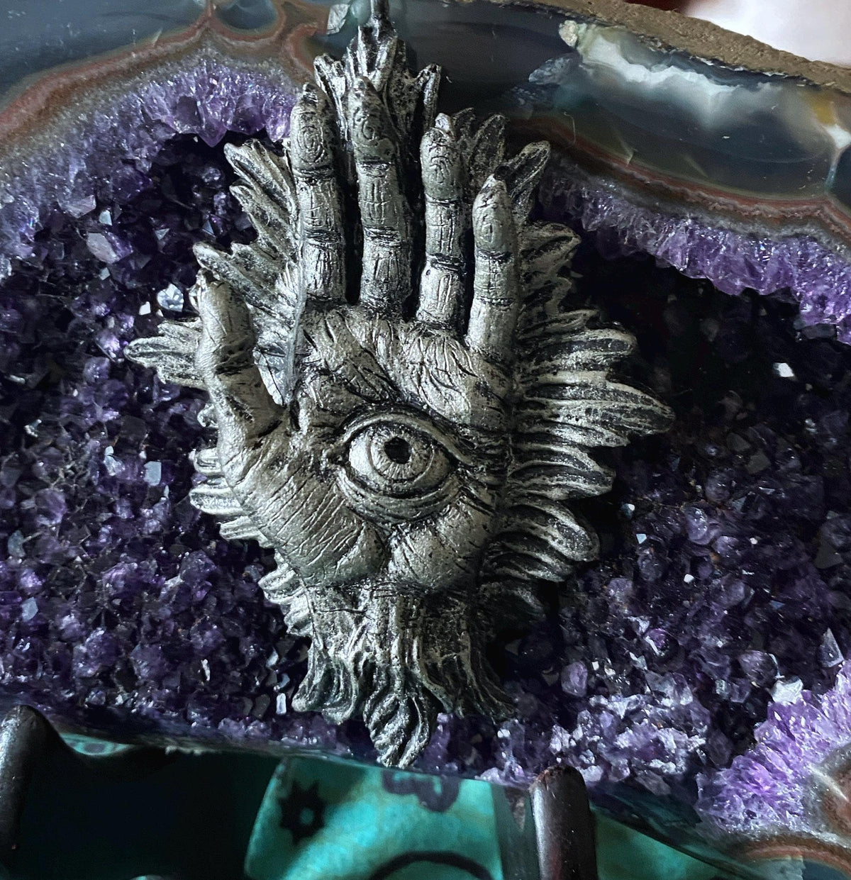 Hand of Protection Relic, Hamsa Ornament, Hand Painted Resin Sculpture |Occult Folklore Figurine | Evil Eye Pagan Ornament for Holiday Decor