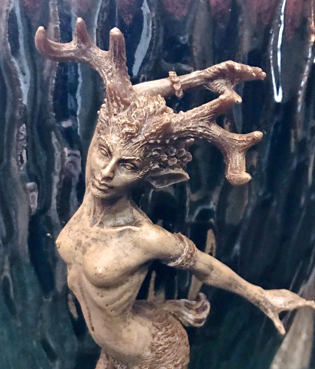 Faun Statue, Hand Painted Resin Sculpture | Mythical Forest Creature Figurine | Woodland Female Satyr Statue for Fantasy Art Decor