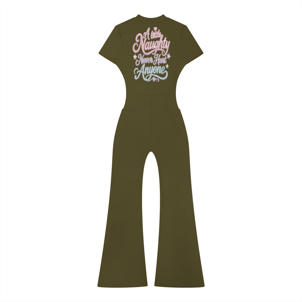 A Little Naughty Never Hurt Anyone Girl Gang Women’s Tight Flared Leg Quarter-Zip Jumpsuit