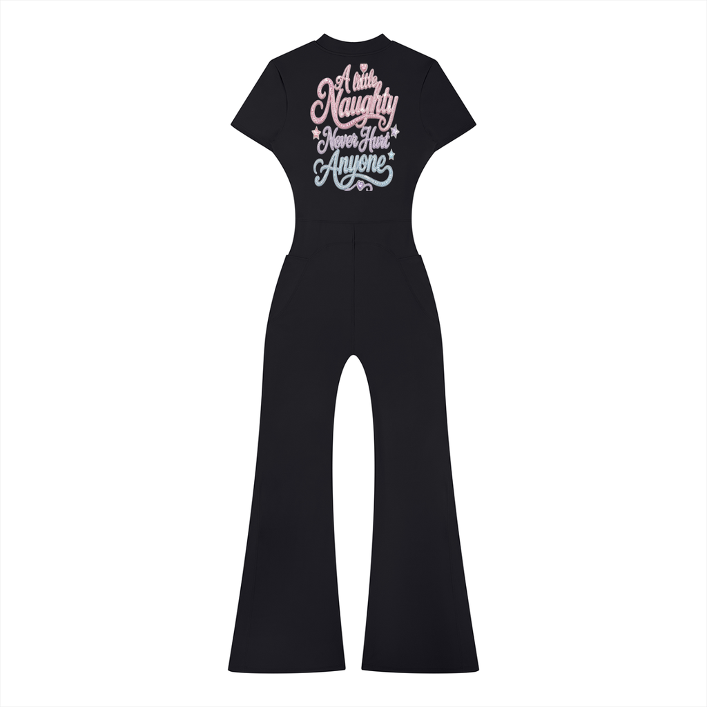 A Little Naughty Never Hurt Anyone Girl Gang Women’s Tight Flared Leg Quarter-Zip Jumpsuit