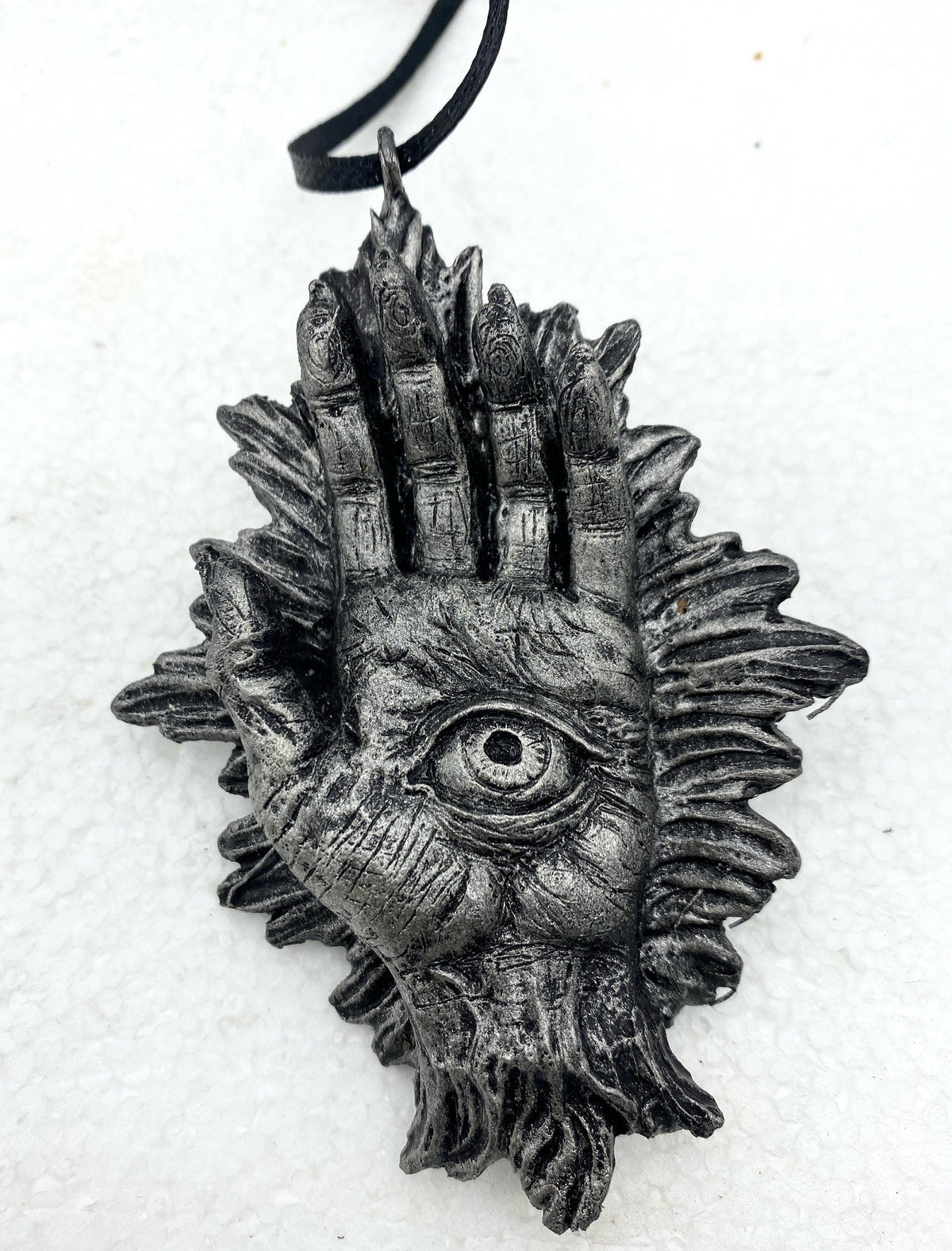 Hand of Protection Relic, Hamsa Ornament, Hand Painted Resin Sculpture |Occult Folklore Figurine | Evil Eye Pagan Ornament for Holiday Decor
