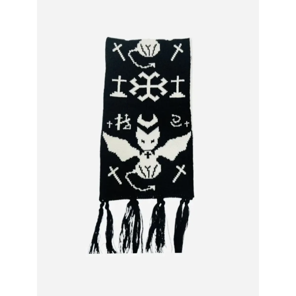 Black & White Y2K Harajuku Scarf – Gothic Cat Print with Tassels