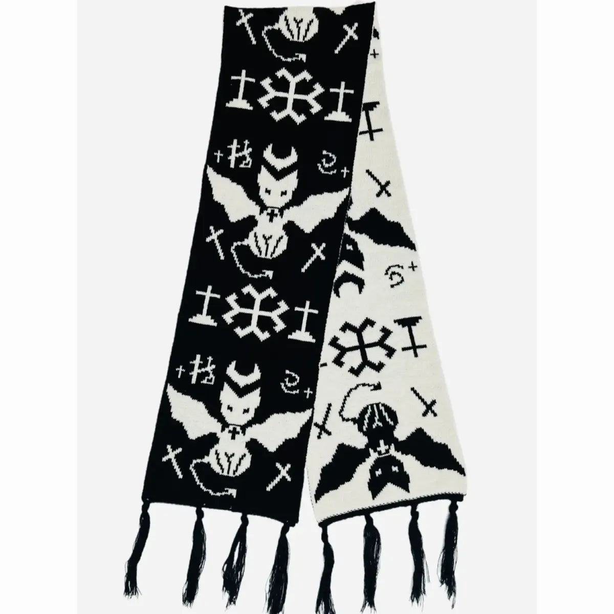 Black & White Y2K Harajuku Scarf – Gothic Cat Print with Tassels