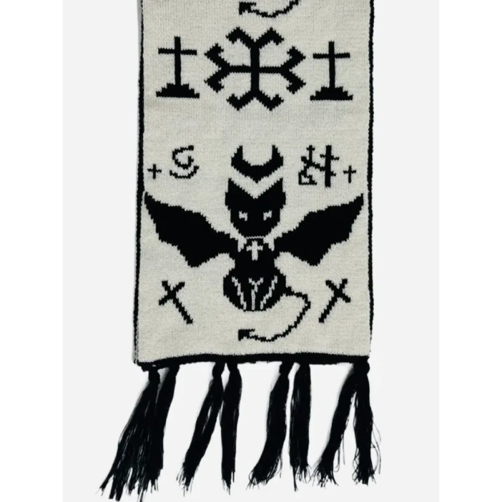 Black & White Y2K Harajuku Scarf – Gothic Cat Print with Tassels