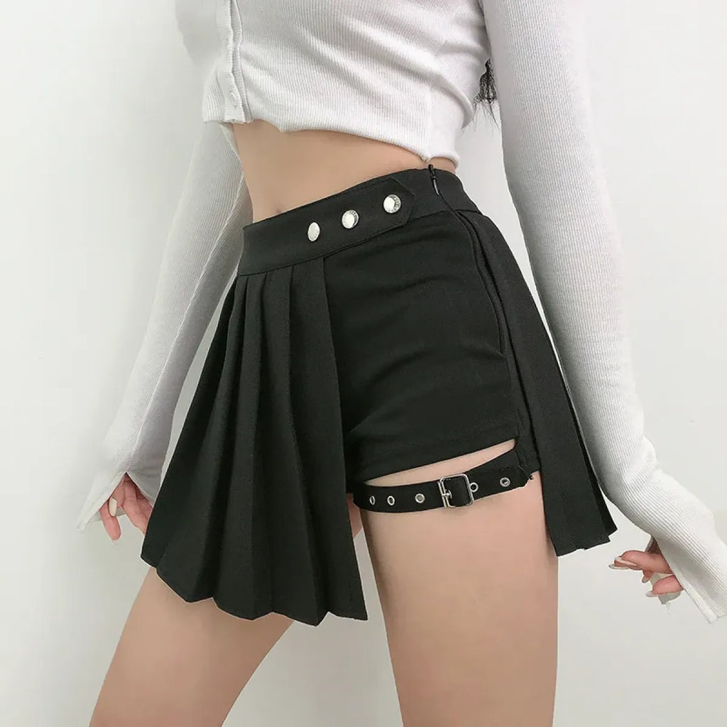 Gothic Punk Pleated Skort – Harajuku High Waist Buckle Mini Skirt Shorts