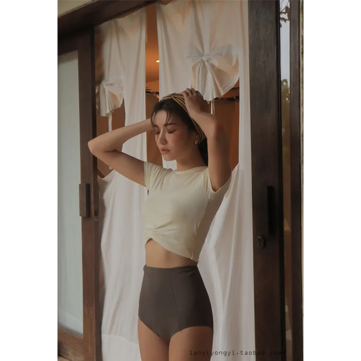Bikini Set – High Waist Short Sleeve Pleated Korean Style