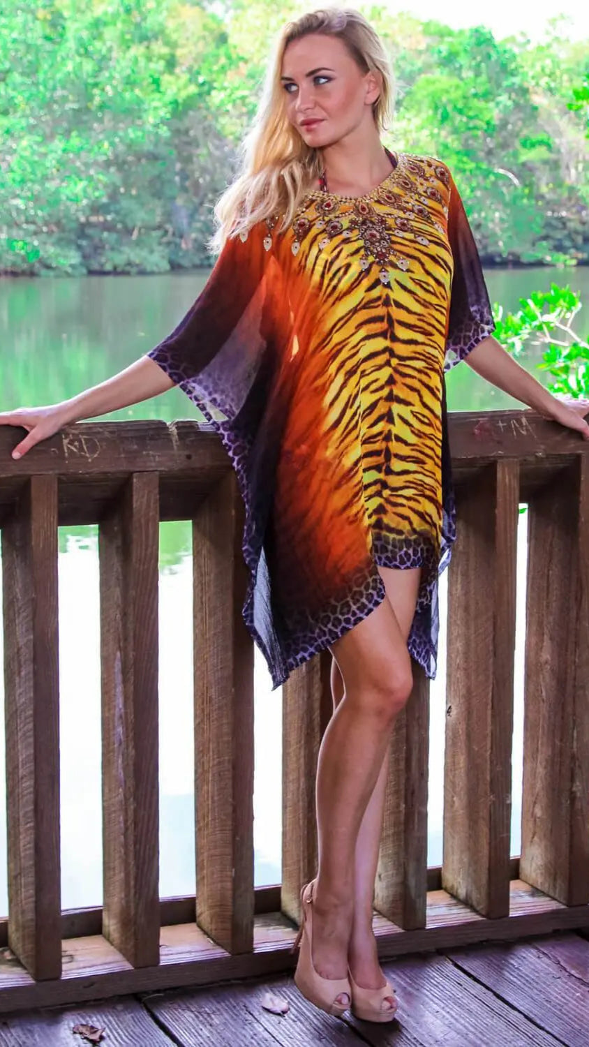 Embellished Animal Print Kaftan | Beach Cover-Up