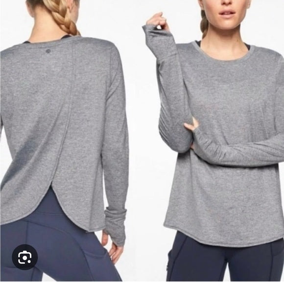 Athleta Gray Long Sleeve Workout Top with open Overlay Back Thumb Holes Size L