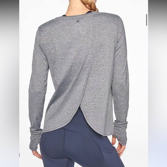 Athleta Gray Long Sleeve Workout Top with open Overlay Back Thumb Holes Size L
