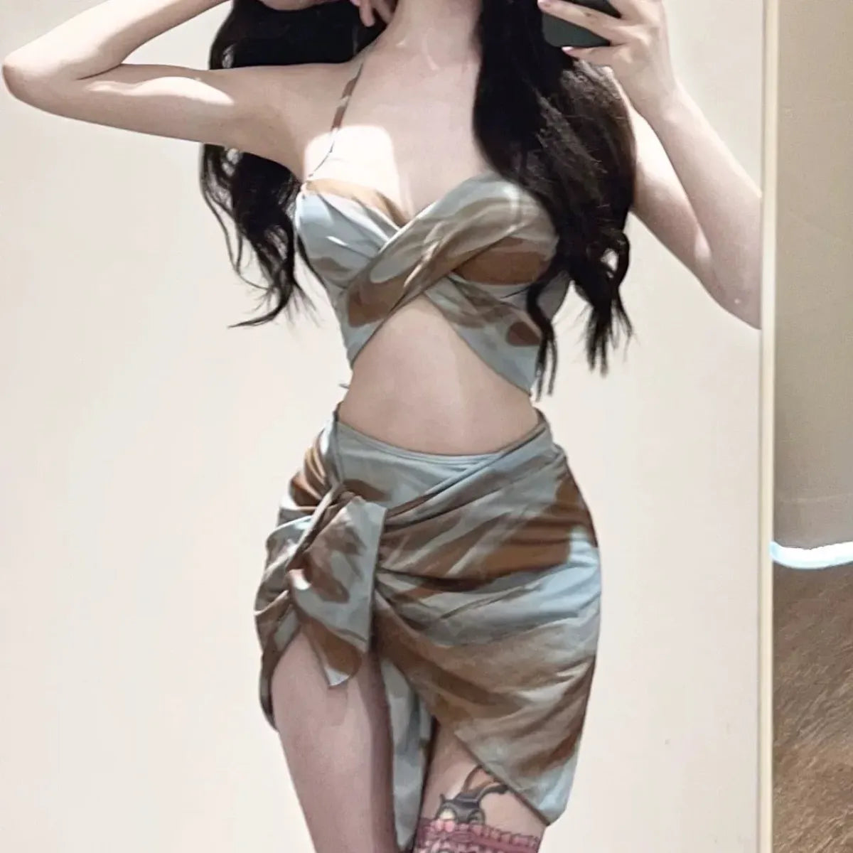 Camo Printed 3 piece Bikini Set – Sexy Swimsuit with Mesh Cover Skirt