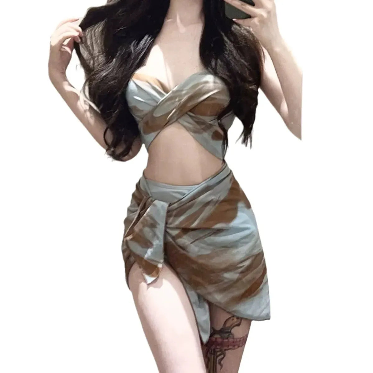 Camo Printed 3 piece Bikini Set – Sexy Swimsuit with Mesh Cover Skirt
