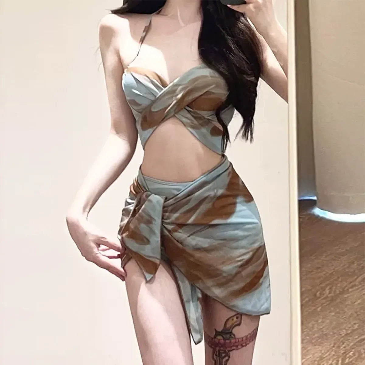 Camo Printed 3 piece Bikini Set – Sexy Swimsuit with Mesh Cover Skirt