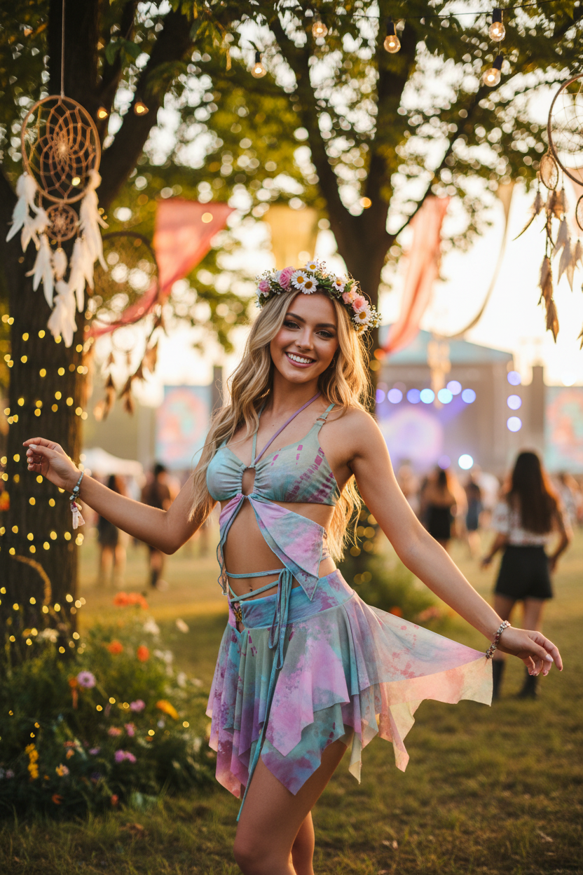 🔮Tie-Dye Fairy Set – Butterfly Crop Top & Wrap Mini Skirt 3 color options displaying PINK & BLACK VERSION🔮