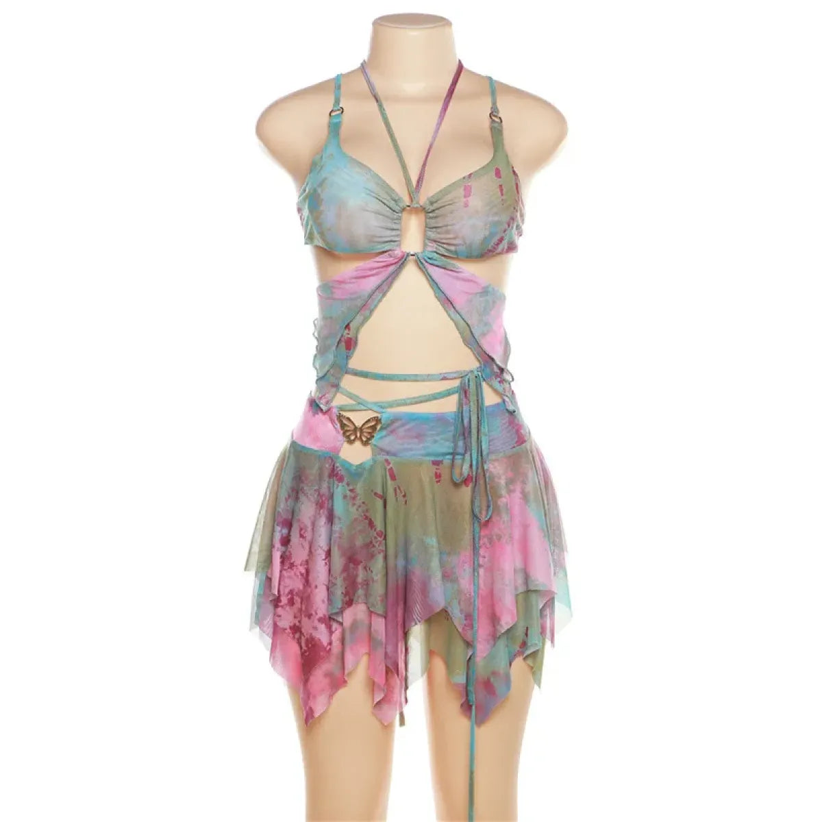🔮Tie-Dye Fairy Set – Butterfly Crop Top & Wrap Mini Skirt 3 color options displaying PINK & BLACK VERSION🔮