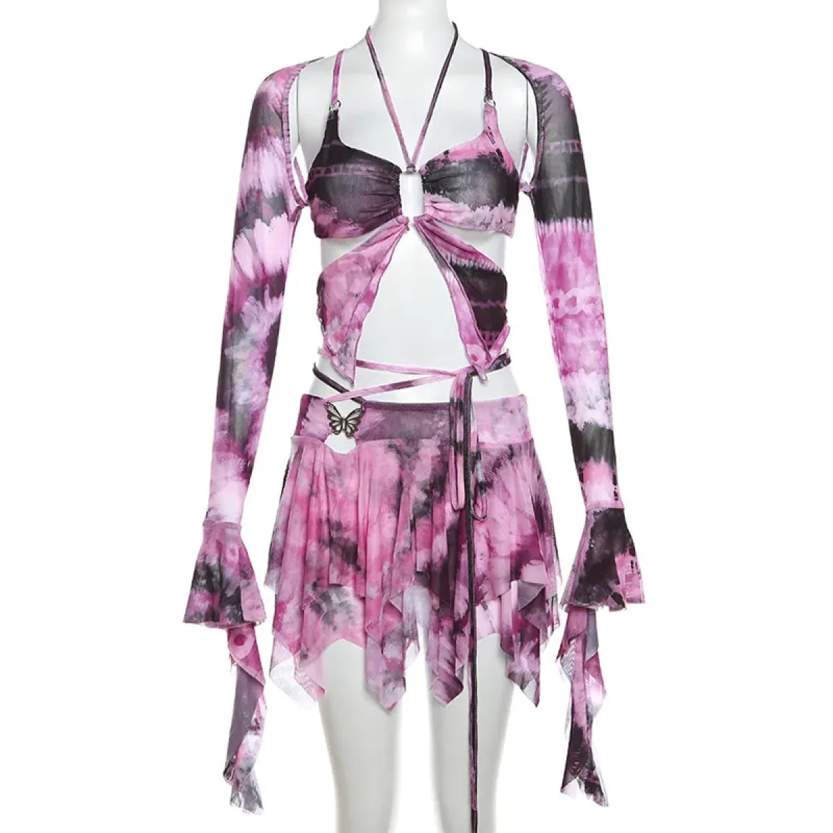 🪩🍾✌️☮️Tie-Dye Fairy Set – Butterfly Crop Top & Wrap Mini Skirt 3 color options PASTEL VARIANT DISPLAYED🪩✌️☮️